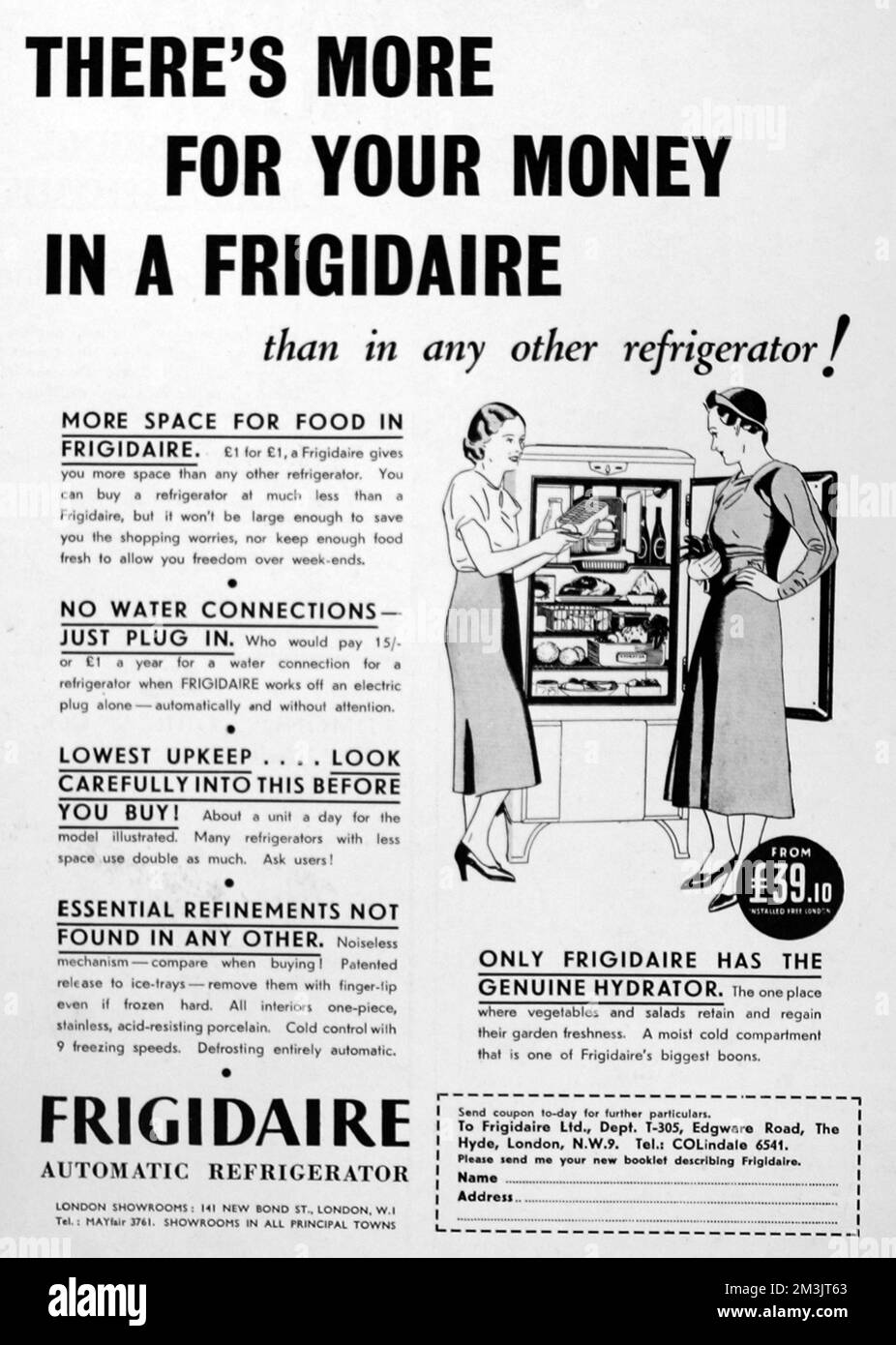 Pubblicità dal 1934 per un frigorifero automatico Frigidaire. 1934 Foto Stock