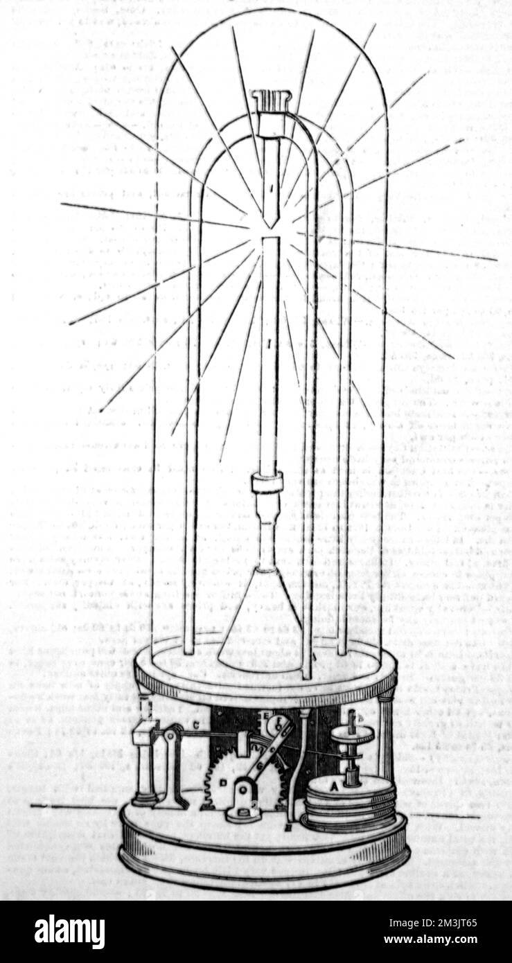 L'apparecchio di luce elettrica brevettata di Edward Staite, esposto alle Hanover Square Rooms, Londra. La luce utilizzava un meccanismo a peso, controllato dal calore dell'arco di elettricità espandendo e contraendo una striscia di rame. Sebbene non sia un successo commerciale, i miglioramenti apportati da W. Petrie al design originale hanno portato Edison e Swan ad adottare la luce nel 1870. Foto Stock