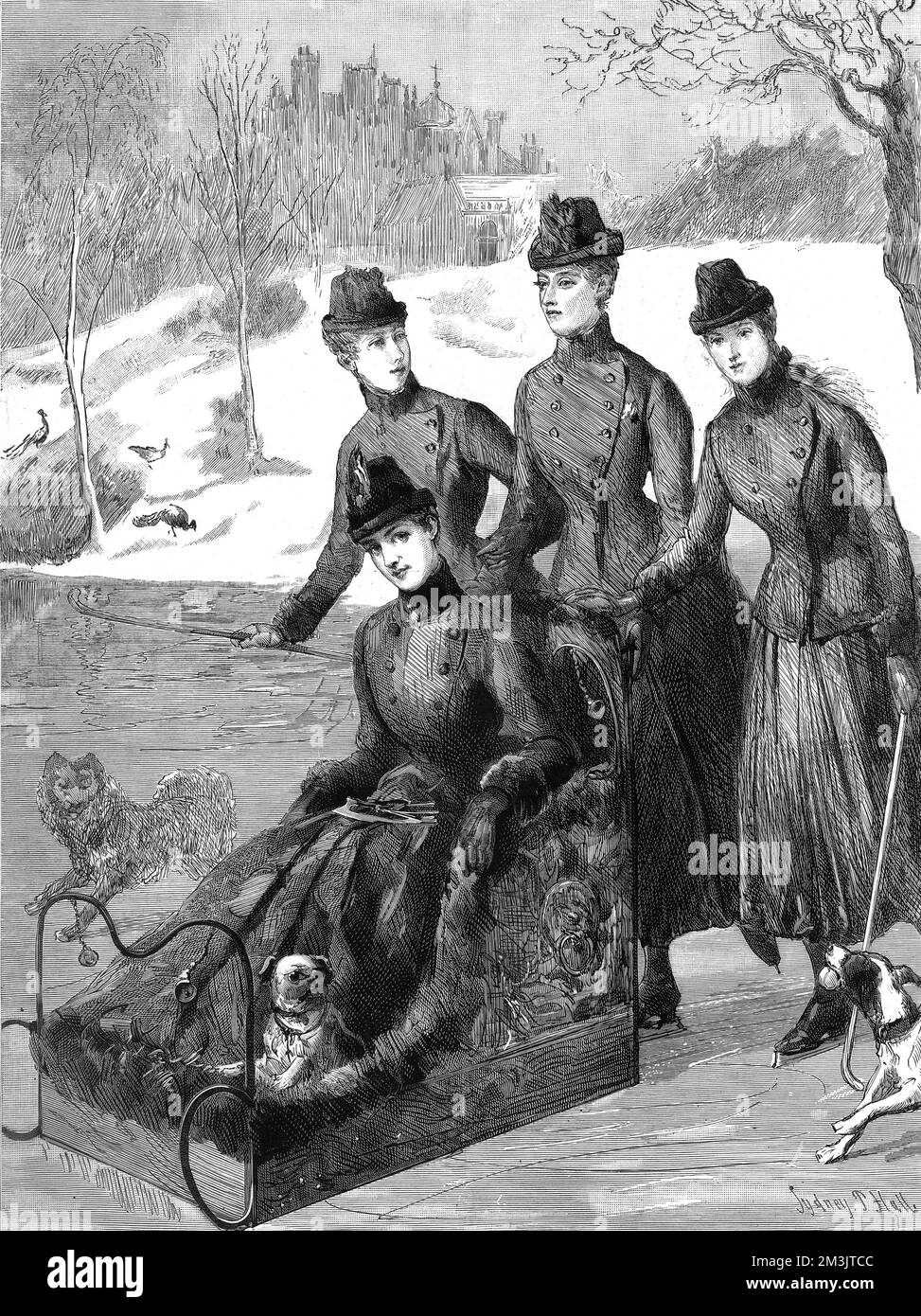 Principessa di Galles che slitta a Sandringham con le sue figlie Foto Stock