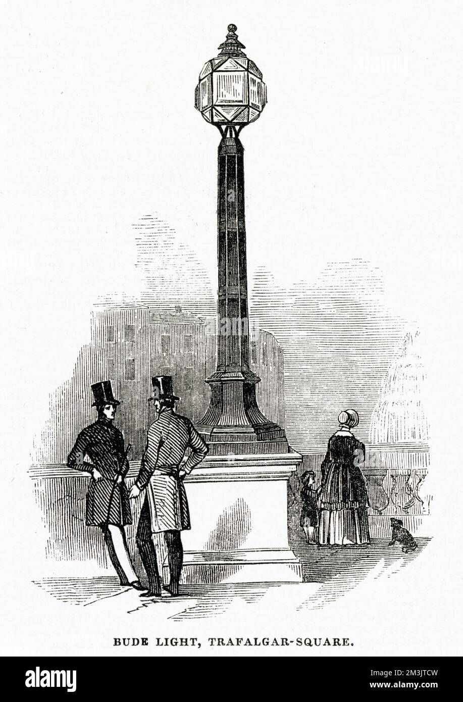Luci Bude a Trafalgar Square, Londra. Brevettata da Sir Goldsworthy Gurney nel 1839, la luce Bude introduceva gas ossigeno nel mezzo di una fiamma standard di una lampada ad olio. Il carbone incombusto della fiamma dell'olio bruciò incredibilmente in modo brillante e si produceva una luce bianca intensa. Data: 1845 Foto Stock