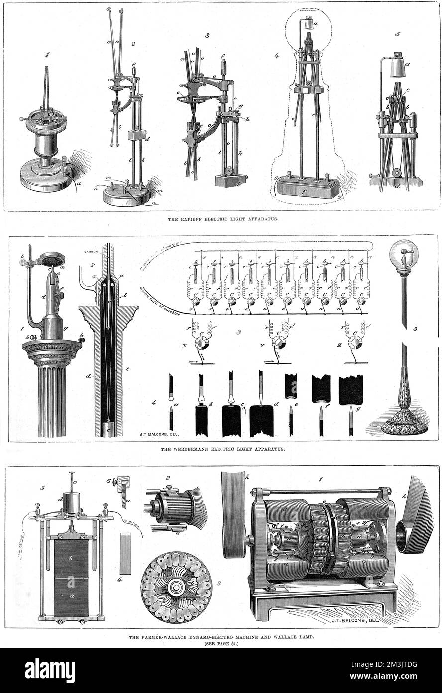 Diagramma che mostra gli apparecchi di illuminazione di Rapieff, Werdermann e Farmer-Wallace. L'avvento della luce elettrica nel 1870 da parte di Edison e Jablochkoff ha portato a molti diversi tentativi di raffinare e sviluppare le invenzioni esistenti. 1879 Foto Stock