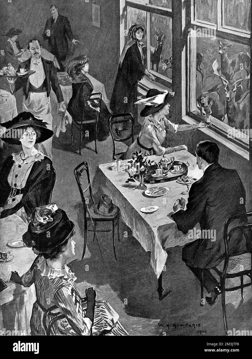 Castagno Domenica, una giornata di maggio celebrata nel Bushy Park, Middlesex. Molte persone sarebbero state in viaggio a Bushy Park per vedere il famoso viale di castagni nella loro piena gloria. Questa scena mostra i commensali in un ristorante adiacente che alimenta il cervo del parco attraverso una finestra. Data: 1911 Foto Stock