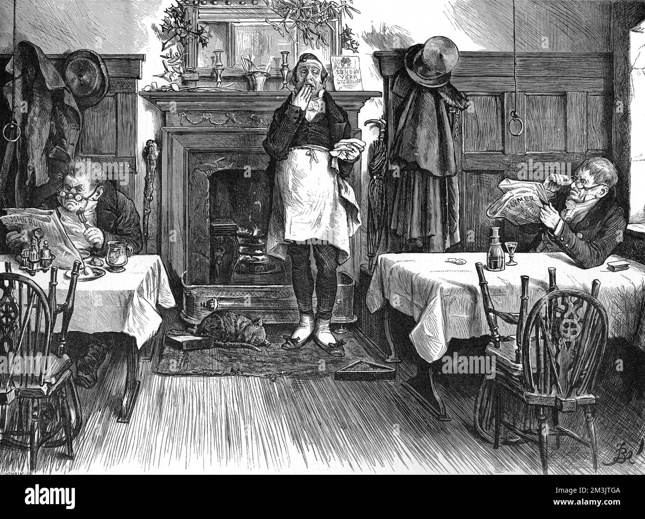 Illustrazione divertente che mostra due vecchi bachelors che prendono la loro cena di Natale mentre leggono i giornali ad un ristorante o mangiando la casa. Un cameriere si trova tra i due tavoli che sbadigliano, suggerendo che i due commensali non hanno altro da andare e hanno di conseguenza superato il loro Benvenuto. Il camino è decorato con agrifoglio e mistletoe. Illustrazioni umoristiche o sentimentali sono state una caratteristica popolare dell'ILN, in particolare nelle edizioni stagionali - questa immagine è dal numero di Natale 1889. Data: 1889 Foto Stock