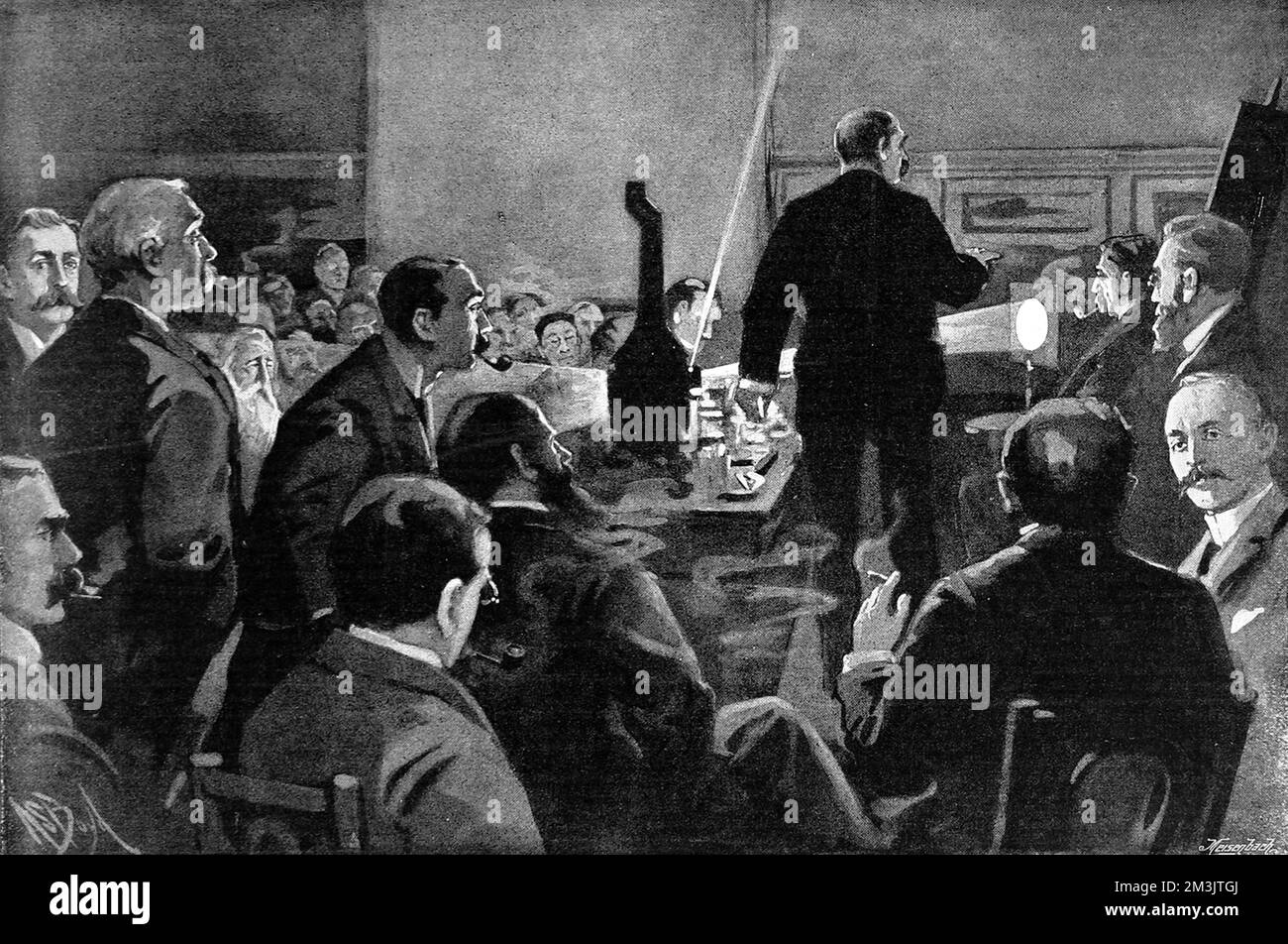 Una dimostrazione pratica degli sviluppi della fotografia. Un'illustrazione di una serata al randello della macchina fotografica. (non datato) 1900 Foto Stock