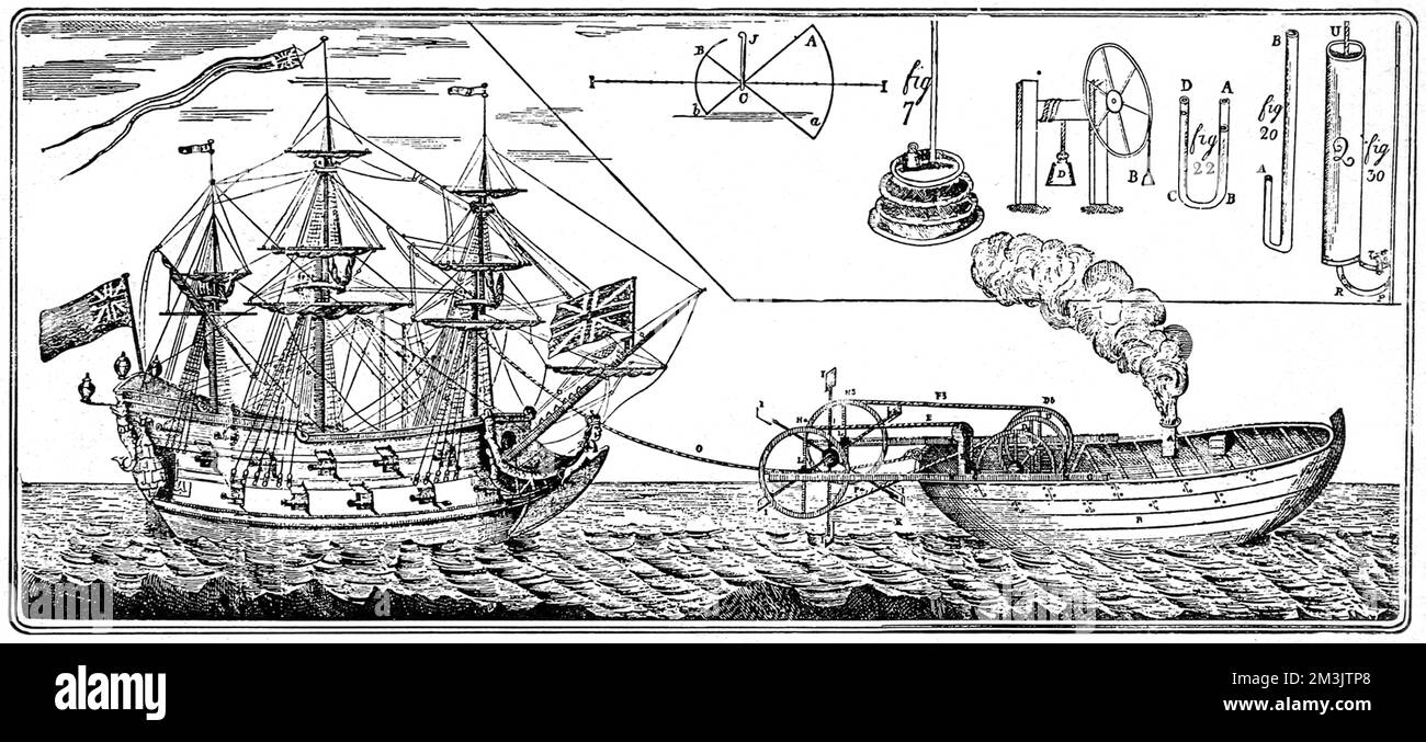 Il rimorchiatore a vapore di Jonathan hulls, che brevettò nel 1736. Non è dubbio se gli scafi abbiano mai avuto la possibilità di costruire il suo rimorchiatore, tanto meno usarlo per trasportare una nave completamente truccata. Data: 1910 Foto Stock