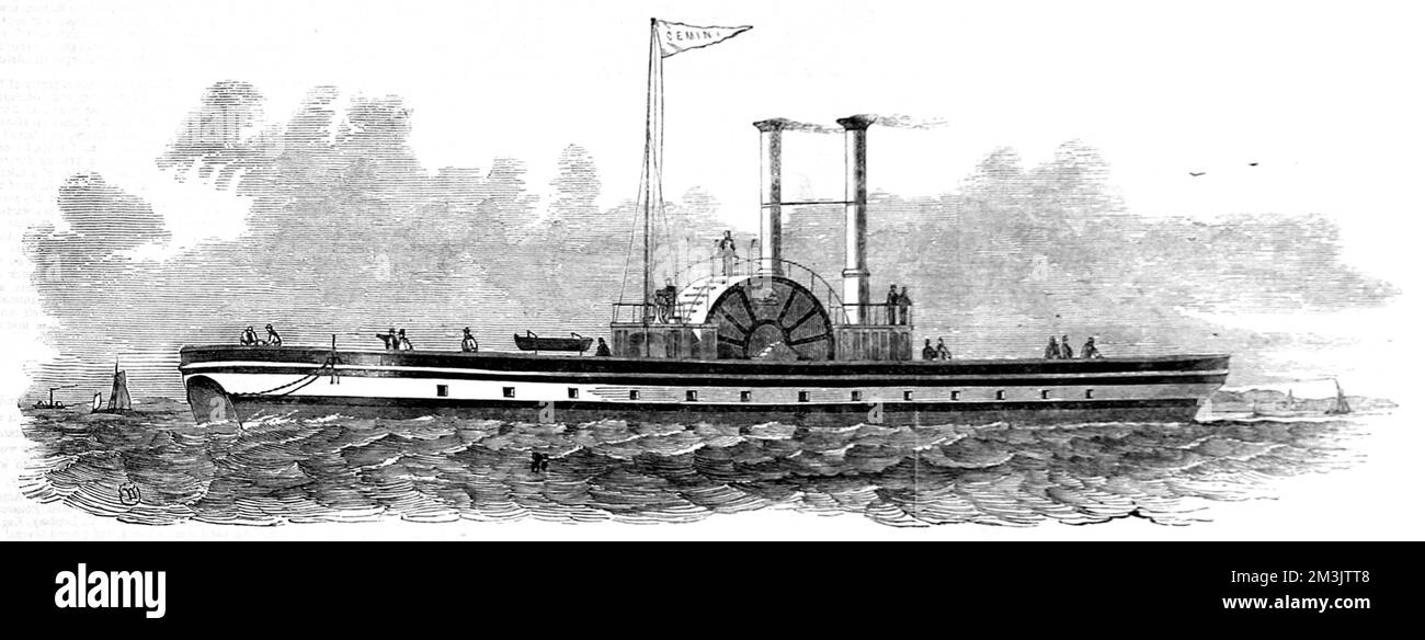 Incisione della doppia nave a vapore Gemini, progettata da Peter Borrie e costruita nel 1850. La nave era dotata di due timoni e due posizioni di guida, in modo che potesse essere azionata in entrambe le direzioni e trasportare fino a 1000 passeggeri. Data: 1850 Foto Stock