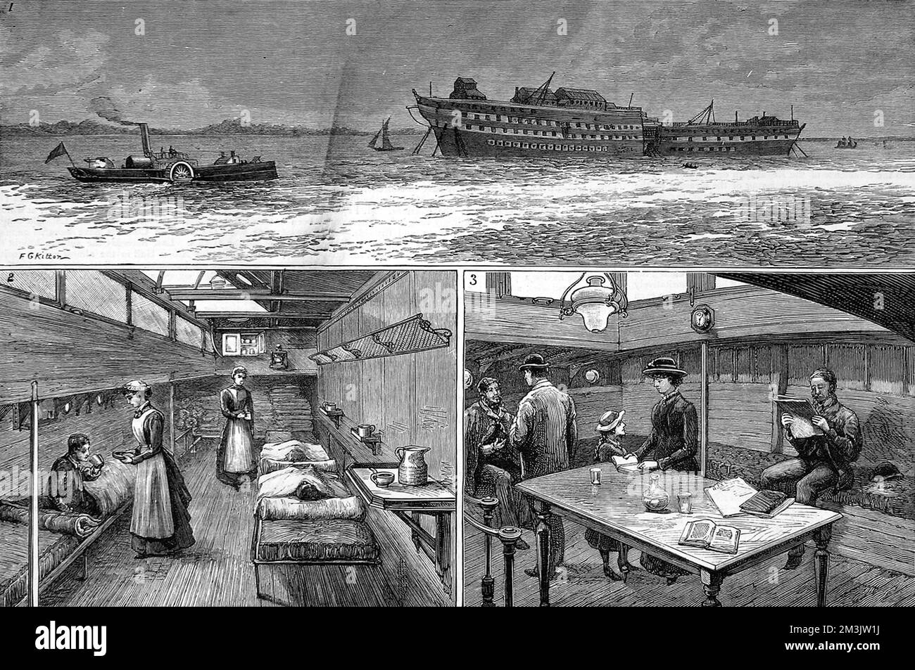 La "Croce Rossa" che trasporta i pazienti durante un'epidemia di vaiolo alle navi ospedaliere a lungo raggio. 1884 Foto Stock
