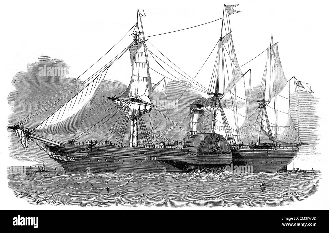 Cunard Line Royal Mail paddle-vaporiera 'Asia' in mare. 'Asia' era la più grande nave a vapore ancora costruita sul fiume Clyde, con una lunghezza totale di 280 piedi e un tonnellaggio lordo di 2226 tonnellate. Foto Stock