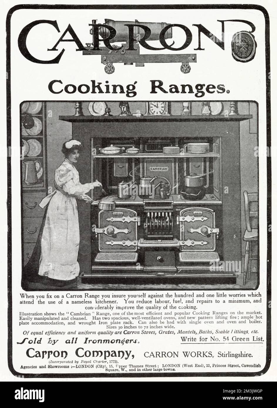 Annuncio pubblicitario per Carron Cooking Range 1905 Foto Stock