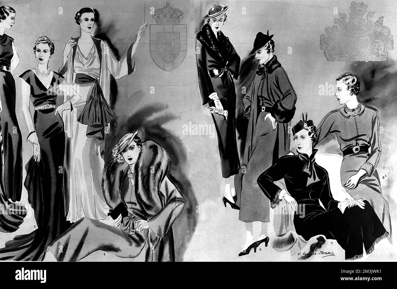 Un montaggio di illustrazioni che mostra i vari abiti eleganti e alla moda che formavano parte del trouusseau della Duchessa di Kent (ex Principessa Marina di Grecia) in sposa, il Principe Giorgio, Duca di Kent nel 1934. Data: 1934 Foto Stock