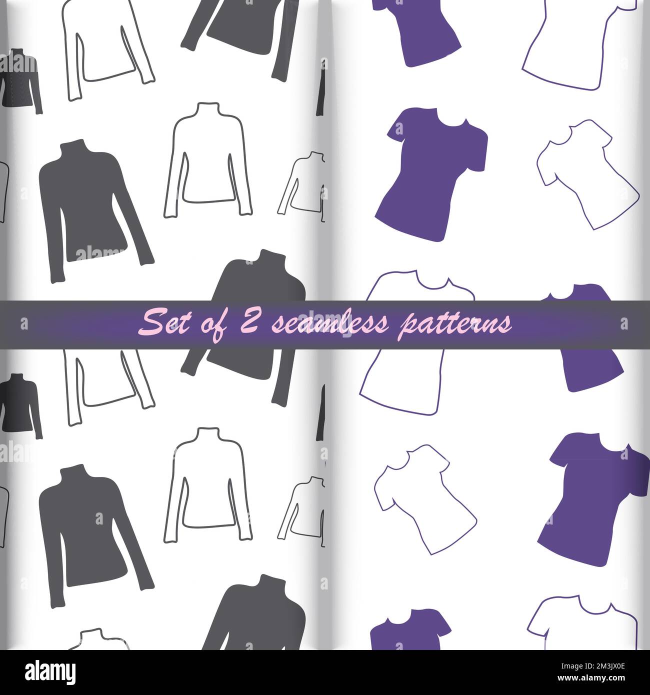 Set di 2 infiniti motivi di abbigliamento linea lunga, manica corta camicia in tonalità grigio e viola alla moda. Trama ripetuta. Layout per carta da imballaggio, poster, cartoline, biglietti d'auguri o etichette dei prezzi, striscioni Illustrazione Vettoriale
