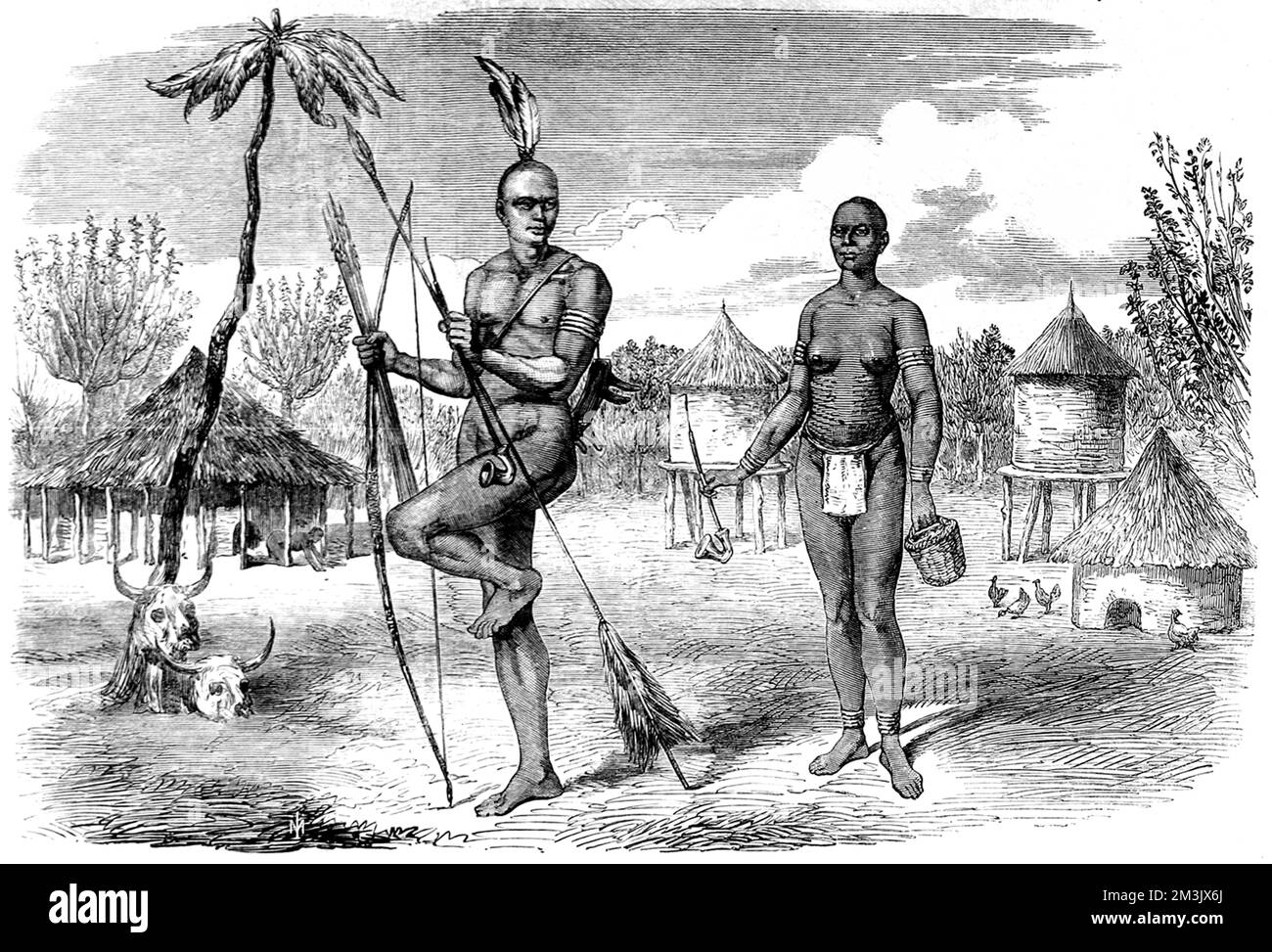 Due nativi di Gondokoro nel Sudan meridionale, di fronte alla loro casa. Il sito di Gondokoro è vicino alla moderna città di Juba. 1865 Foto Stock