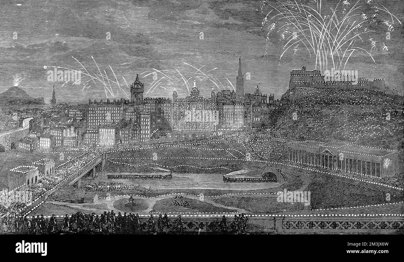 L'illuminazione del centro storico di Edimburgo. Questa grande esposizione doveva celebrare il matrimonio del Duca di Edimburgo, secondo figlio della Regina Vittoria, con la Granduchessa Maria Alexandrovna, l'unica figlia dell'Imperatore Alessandro III di Russia, che aveva avuto luogo lo stesso giorno a San Pietroburgo. 23rd gennaio 1874 Foto Stock