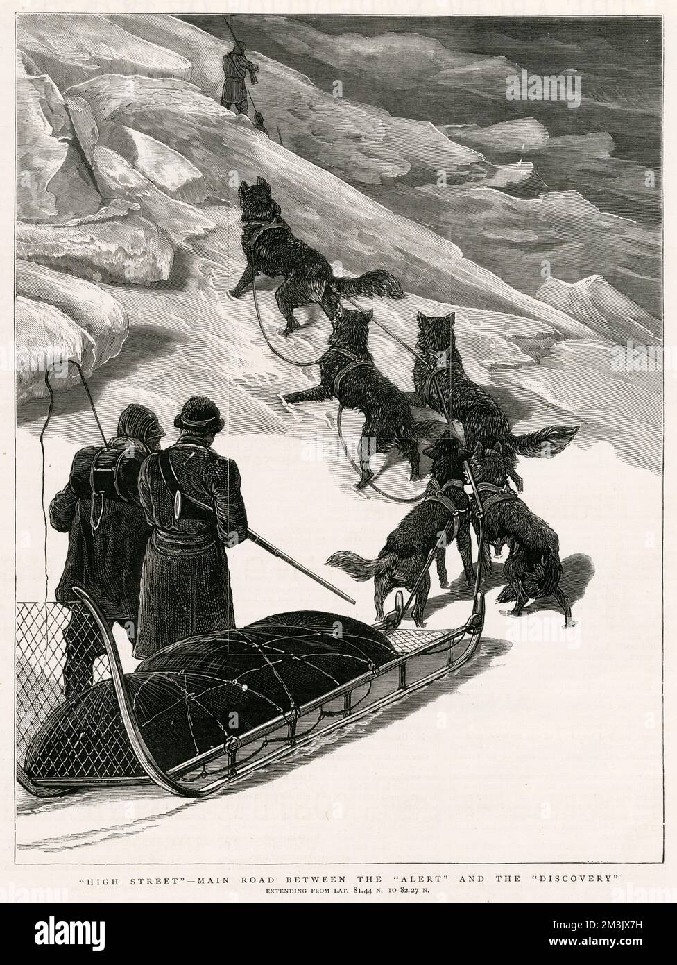 Slitta trainata da cani e uomini della spedizione artica britannica che viaggiano sul ghiaccio tra HMS 'Alert' e HMS 'Discovery', 1876. Nell'estate del 1875 l'Ammiragliato britannico inviò il capitano George Nares con due navi, HMS 'Alert' e HMS 'Discovery', per tentare di raggiungere il Polo Nord tramite Smith Sound. Anche se il tentativo non è riuscito, è stato stabilito un nuovo record "più lontano del nord", le coste della Groenlandia e dell'Isola di Ellesmere sono state registrate e sono stati raccolti molti dati scientifici. Data: 1876 Foto Stock