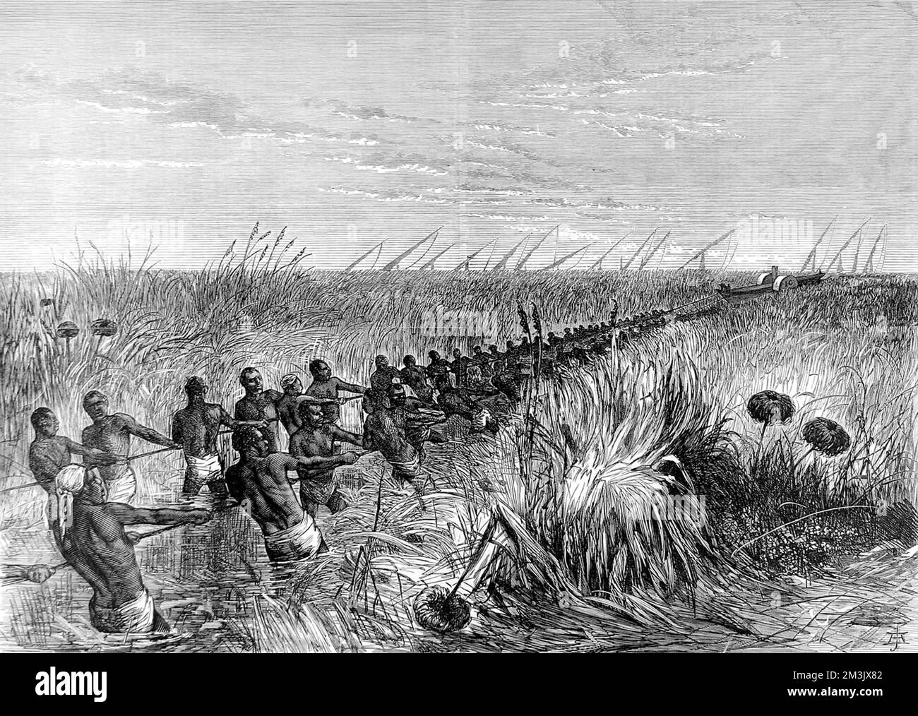 La spedizione di Sir Samuel Baker che trasporta un piroscafo sul White Foto Stock