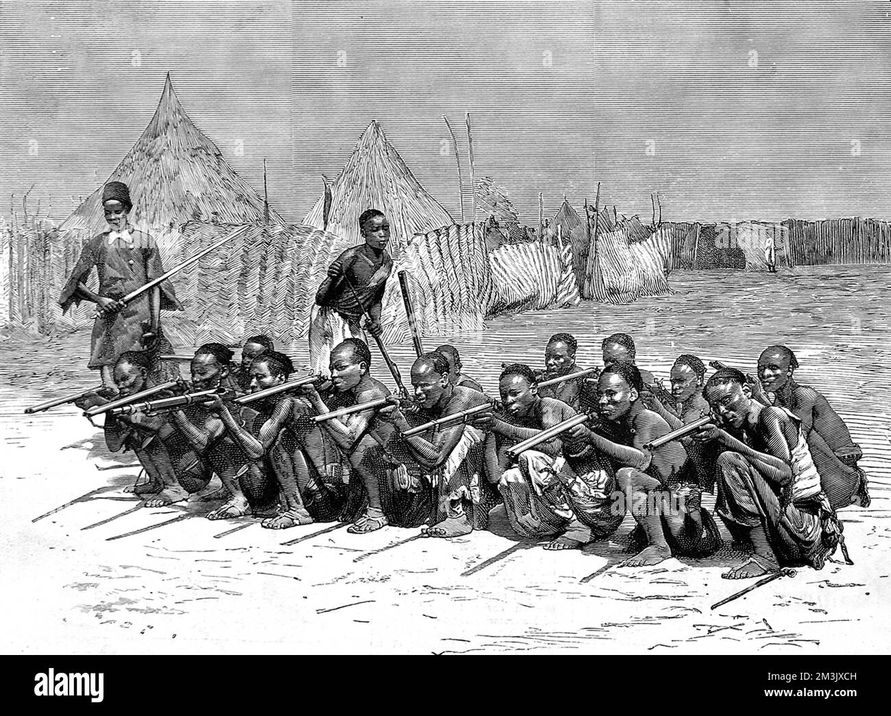 Incisione che mostra alcune delle truppe irregolari dell'esercito di Emin Pasha, armati di fucili, Sudan, 1888. Emin Pasha (1840-1892) è stato un 1878 . Data: 1887 Foto Stock