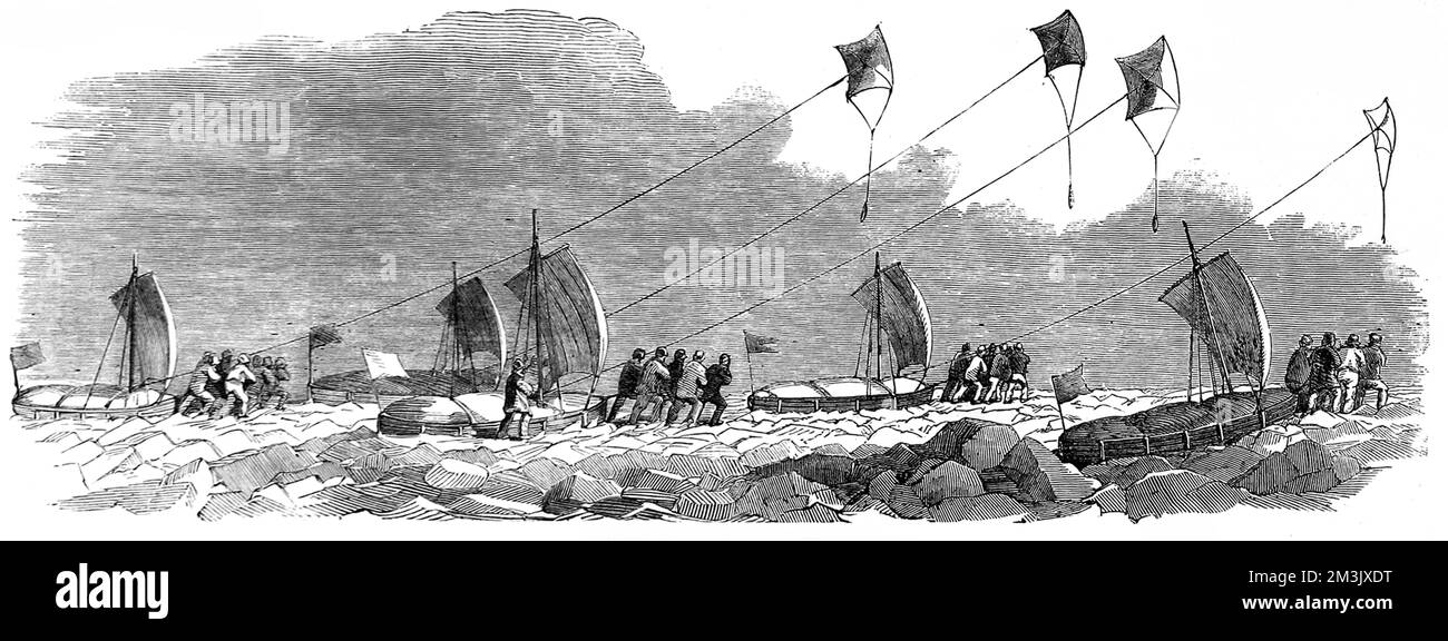 Divisione occidentale delle slitte dalla spedizione di Austin del 1850-1851. Squadre di slitte del 'Resolute' che trasportano le slitte sul ghiaccio, con l'aiuto di vele e aquiloni. Nel 1850 il Capitano Austin fu inviato, con HMS 'Resolute' e HMS 'Assistance', nell'Artico per cercare i segni della malfatata spedizione artica di Sir John Franklin del 1845. Nel 1845 l'Ammiragliato britannico inviò due navi esplorative polari, HMS 'Erebus' e HMS 'Terror', per cercare il passaggio nord-occidentale intorno alla costa settentrionale del Canada. La spedizione, comandata da Sir John Franklin, scomparve da View la Foto Stock