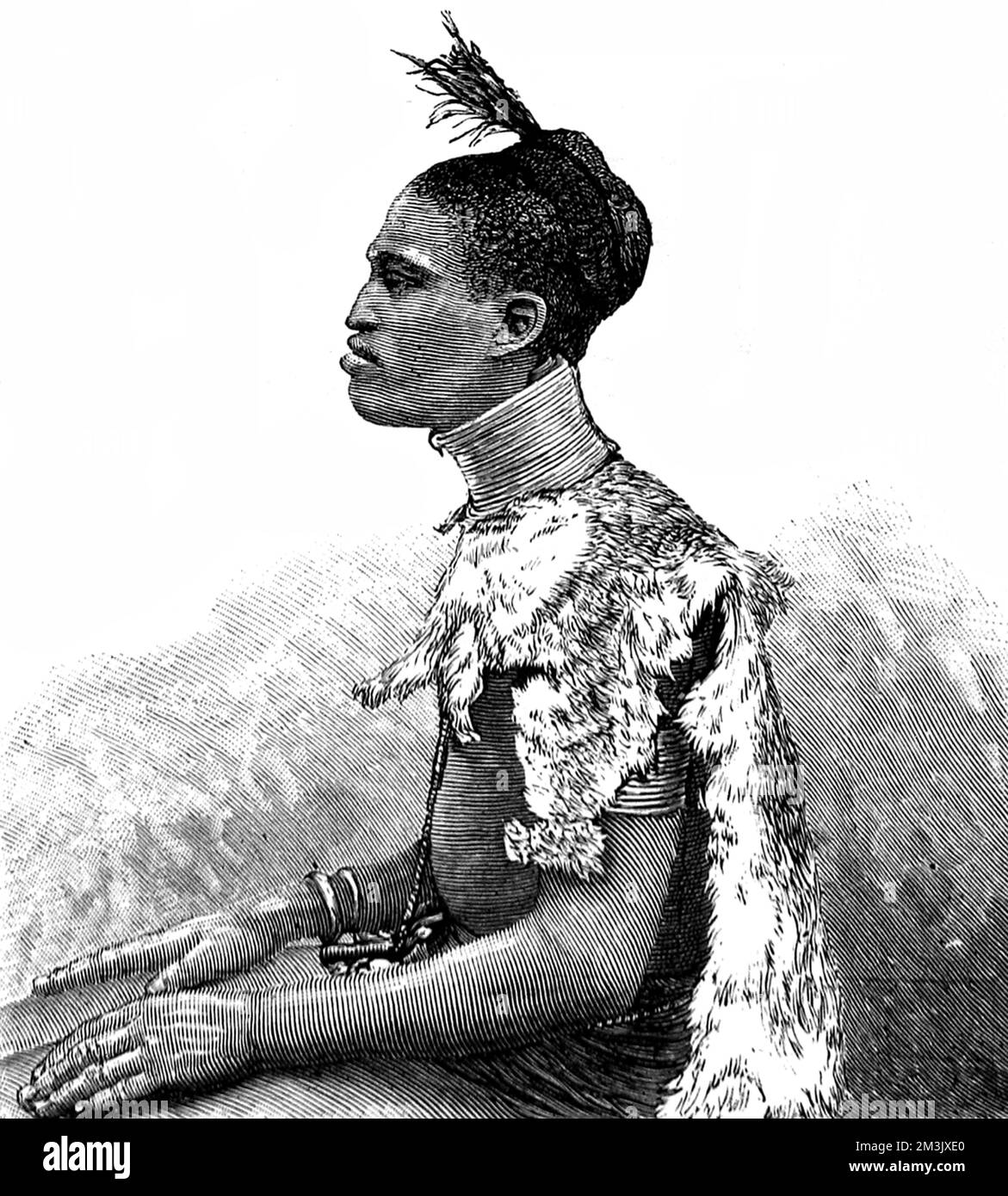 Un membro della tribù Shuli dell'Africa Centrale, che sono stati trovati nella zona governata da Emin Pasha, il Governatore della Provincia Equatoriale Egiziana. Data: 1887 Foto Stock