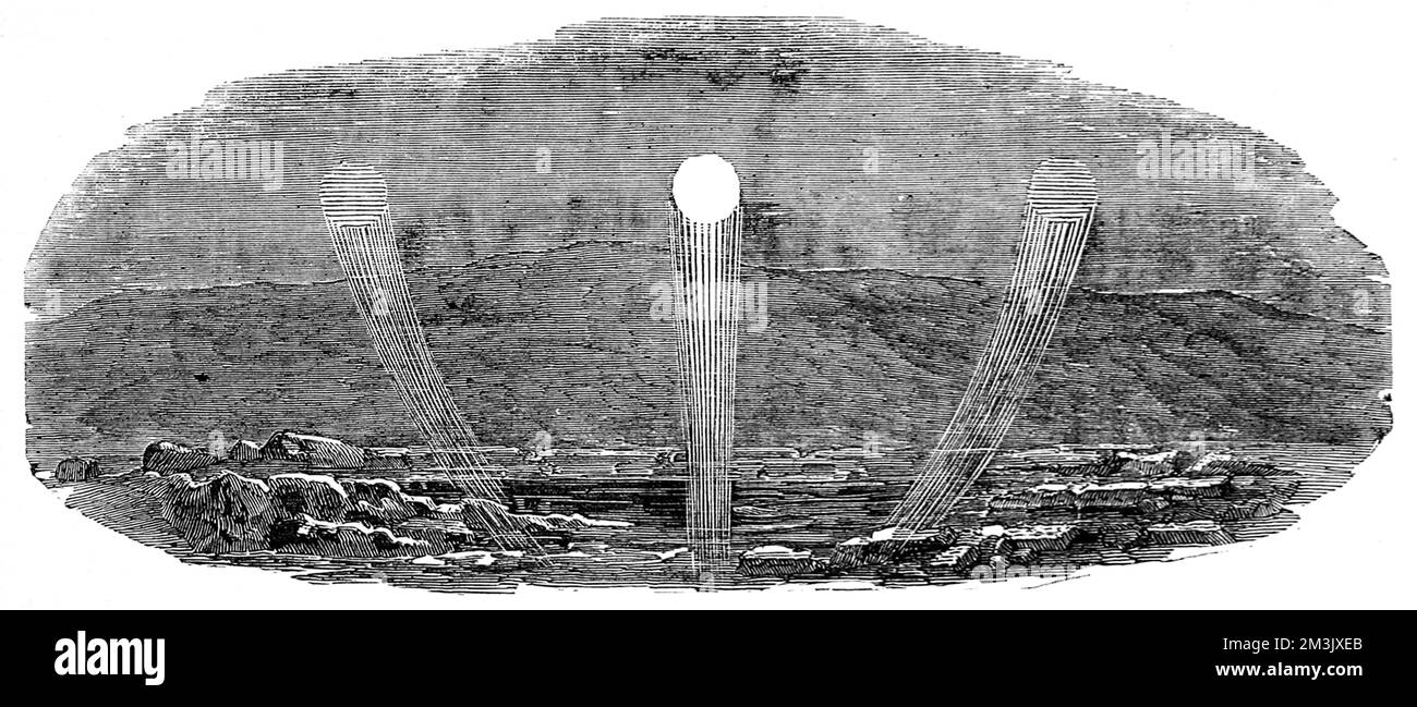 La 'Parhelia' testimoniata dalla spedizione di Austin del 1850-1851 a Griffith's Island, 4th ottobre 1850. Nel 1850 il Capitano Austin fu inviato, con HMS 'Resolute' e HMS 'Assistance', nell'Artico per cercare i segni della malfatata spedizione artica di Sir John Franklin del 1845. Nel 1845 l'Ammiragliato britannico inviò due navi esplorative polari, HMS 'Erebus' e HMS 'Terror', per cercare il passaggio nord-occidentale intorno alla costa settentrionale del Canada. La spedizione, comandata da Sir John Franklin, scomparve dalla vista verso la fine del 1845 e nessuno degli uomini fu mai più visto. In realtà le navi pazza Foto Stock