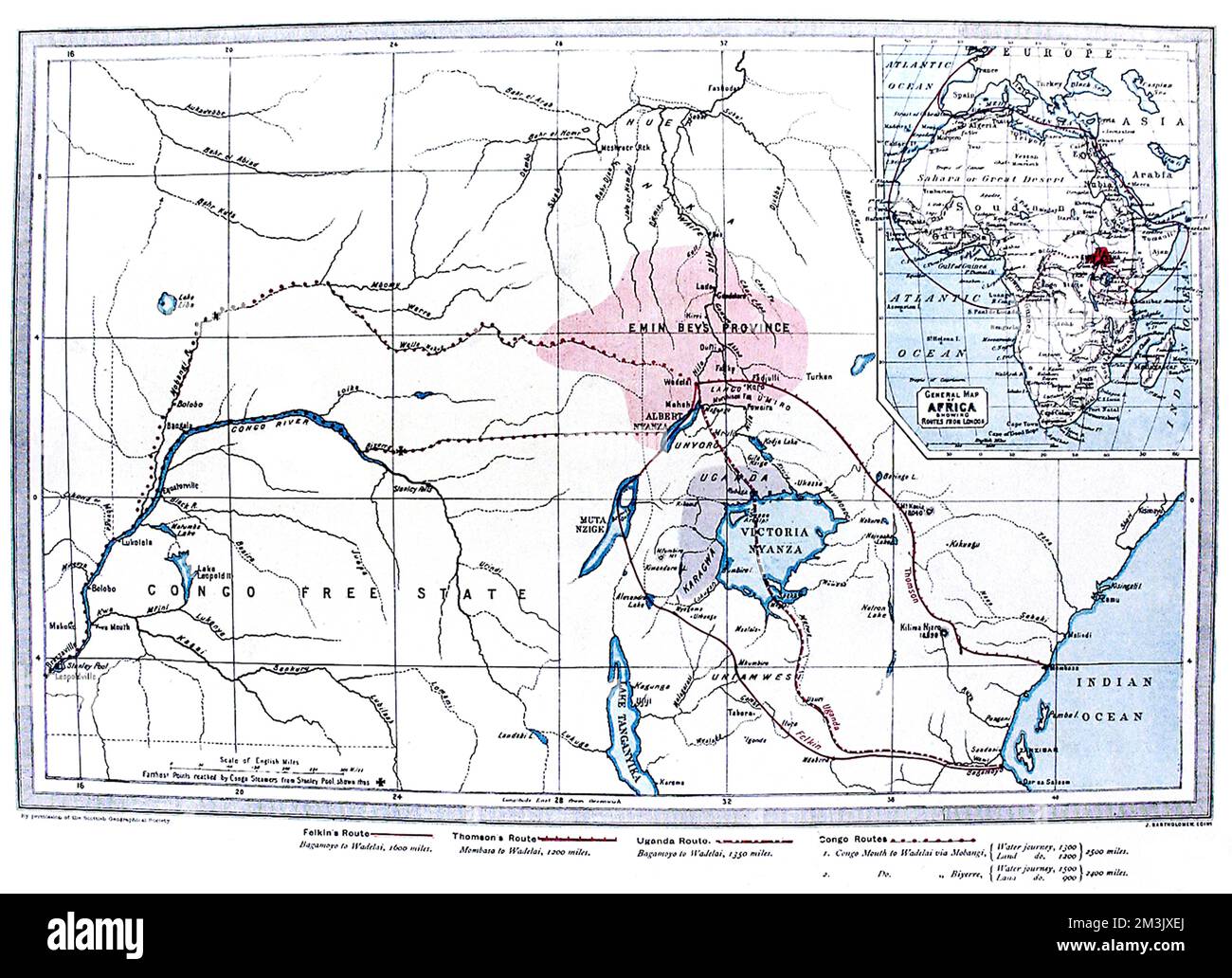 Mappa dell'Africa centrale che mostra le probabili rotte dell'Emin Foto Stock