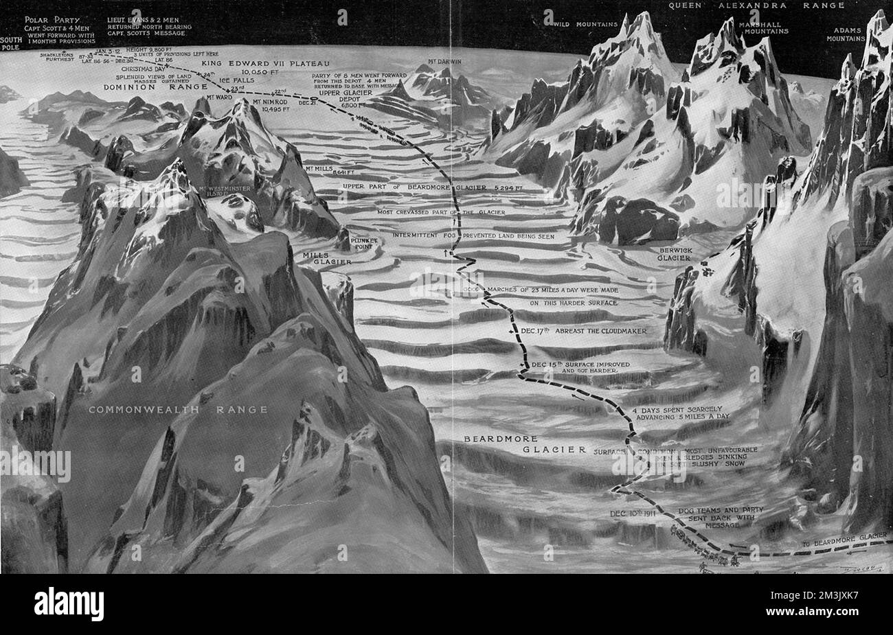 Il percorso intrapreso dalla slitta del capitano Scott per salire sul ghiacciaio Beardmore, Antartide, durante la spedizione Antartica britannica del 1910-12. Data: 1912 Foto Stock