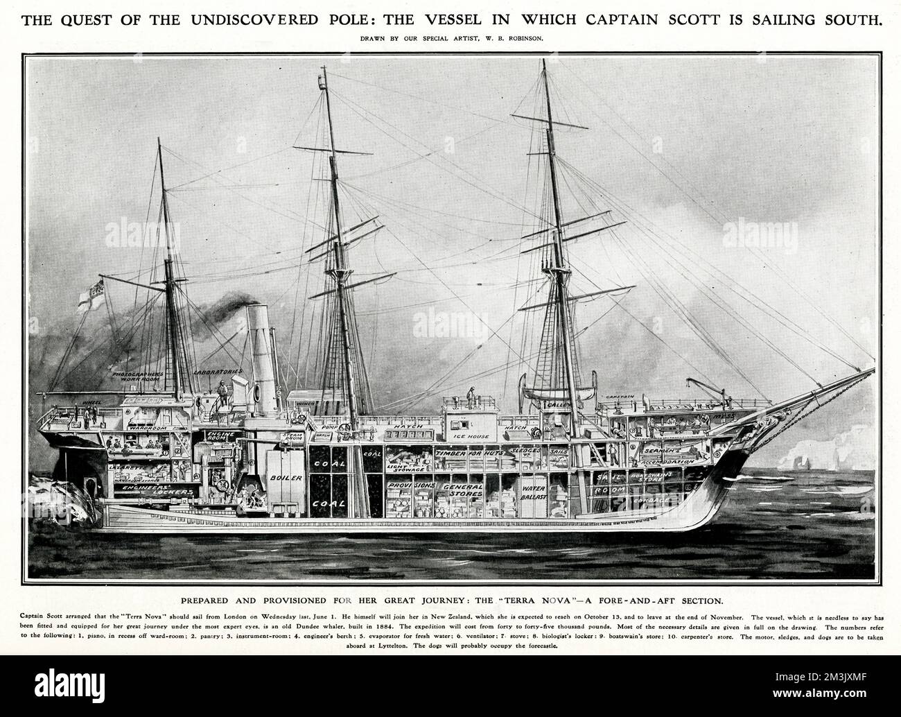 Illustrazione in sezione della 'Terra Nova', la nave da ricerca polare utilizzata dal capitano R.F. Scott nella sua spedizione Antartica del 1910-1912. La 'Terra Nova' fu costruita come un balenottere Dundee nel 1884. Data: 1910 Foto Stock