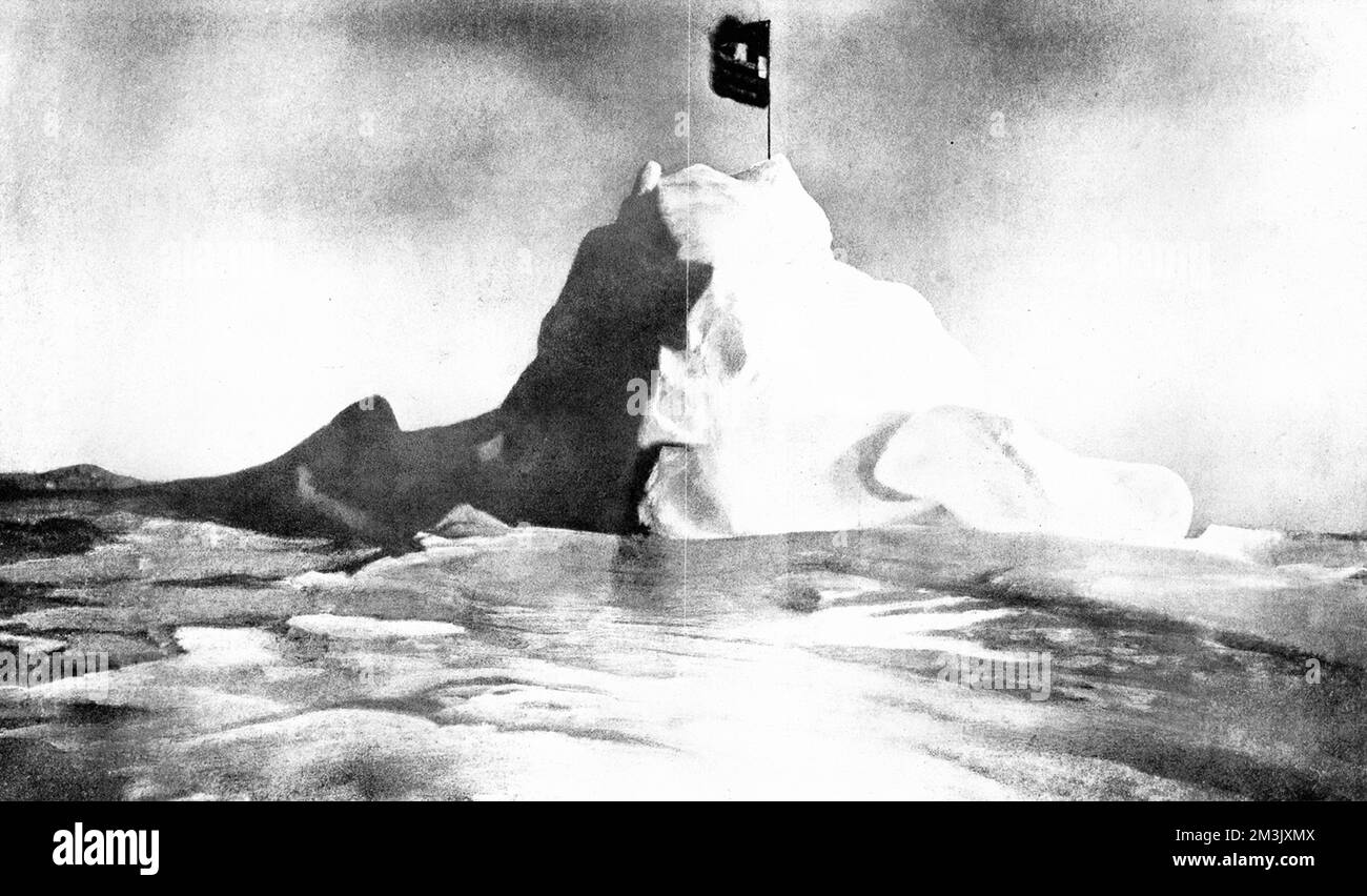 Fotografia, scattata dal comandante Robert E. Peary, della bandiera del suo paese posizionata al Polo Nord, 6th aprile 1909. Data: 1910 Foto Stock