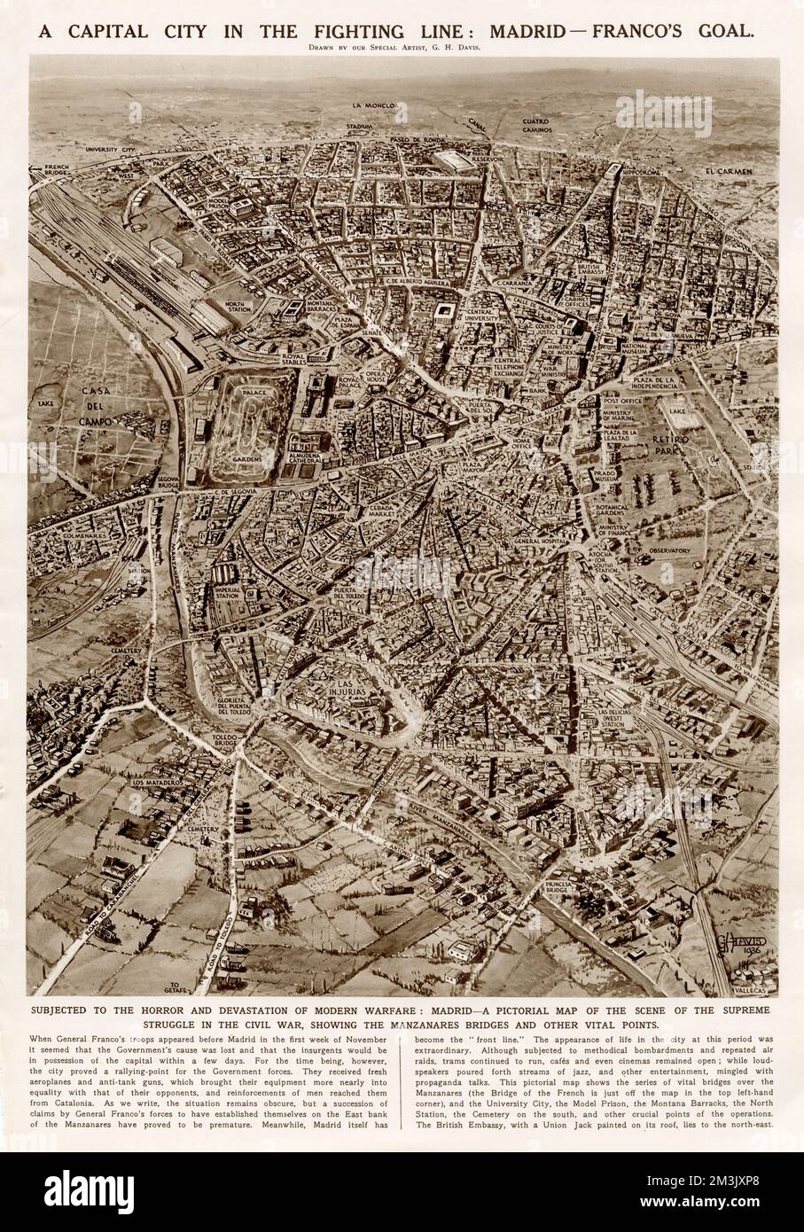 Una veduta aerea di Madrid, raffigurata all'inizio della guerra civile spagnola nel 1936. Madrid, la capitale spagnola, fu tenuta dall'esercito repubblicano contro un assedio di tre anni da parte delle forze nazionaliste. Foto Stock