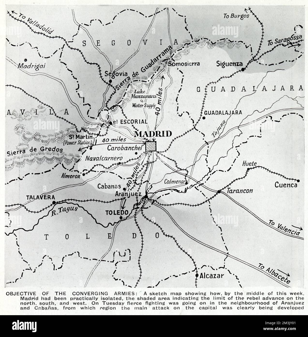 Mappa che mostra la posizione delle forze nazionaliste, nell'area ombreggiata, come circondavano la città repubblicana detenuta di Madrid durante la guerra civile spagnola, ottobre 1936. Foto Stock