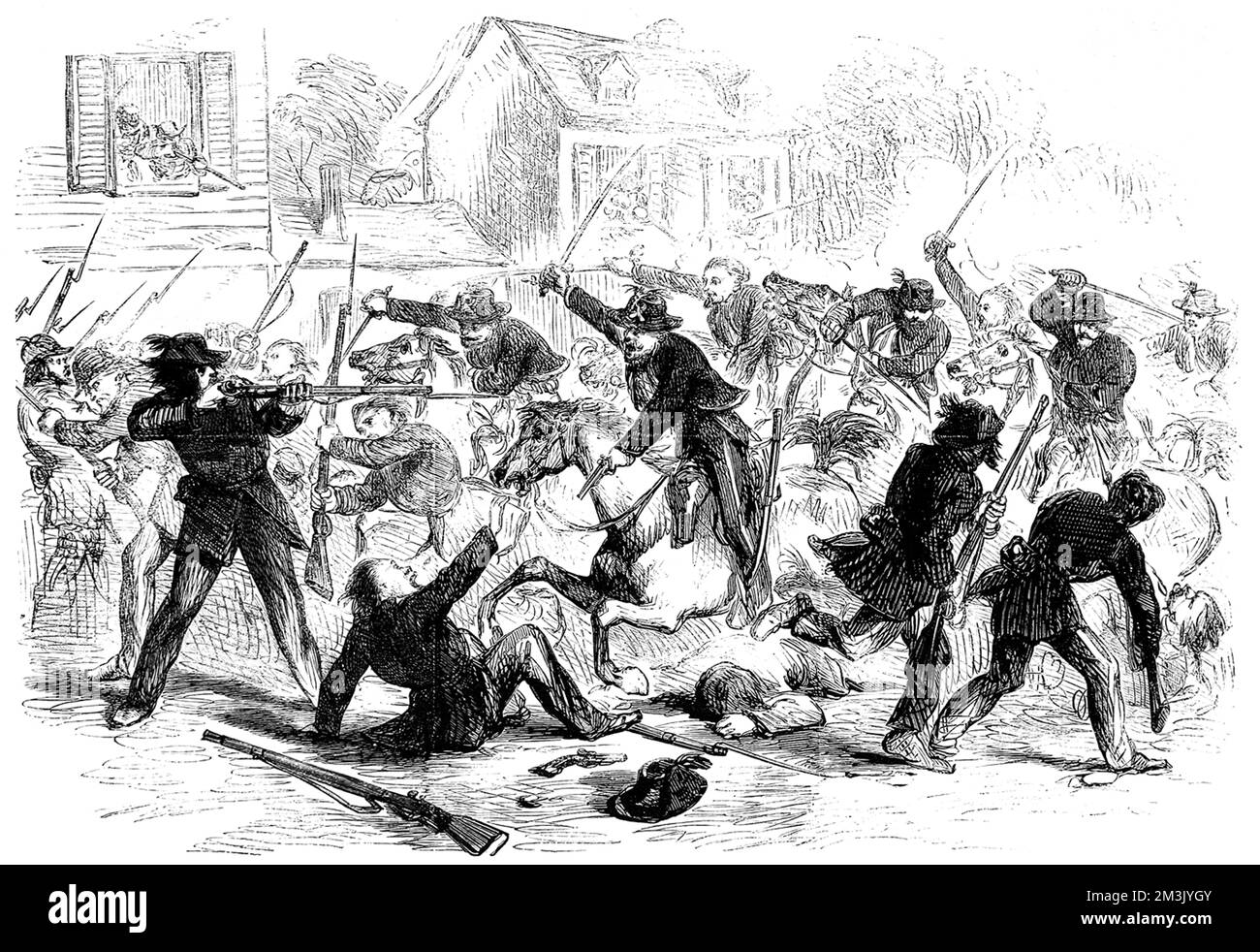 Le truppe federali (unioniste) si accerchiano a Fairfax per liberare due prigionieri federali che stanno per essere impiccati dai confederati, il 31st maggio 1861. Data: 1861 Foto Stock