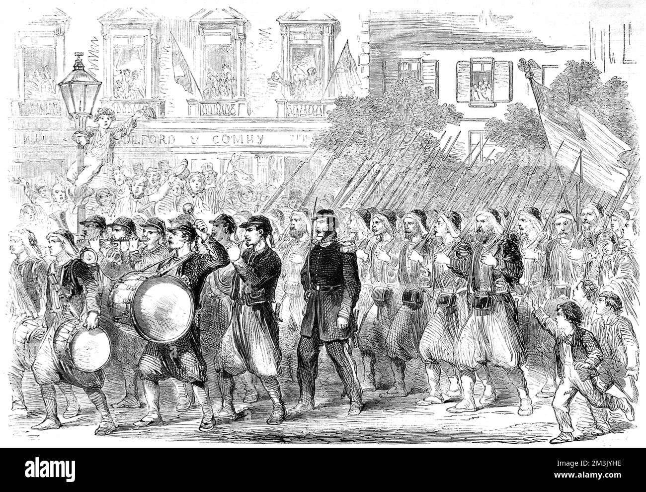 I reggimenti di zouave Pictuesque di New York vestiti con pantaloni distintivi indossati dai combattenti della libertà in Ungheria. Qui sono mostrati che passano attraverso Broadway sulla loro strada per imbarcarsi per le guerre 'own sud'. Data: 1861 Foto Stock