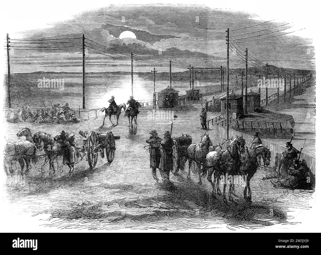 La scena mostra il caldo conteso confine tra le forze degli stati meridionali e gli unionisti sorvegliati da cannoni e uomini di notte. Data: 1861 Foto Stock