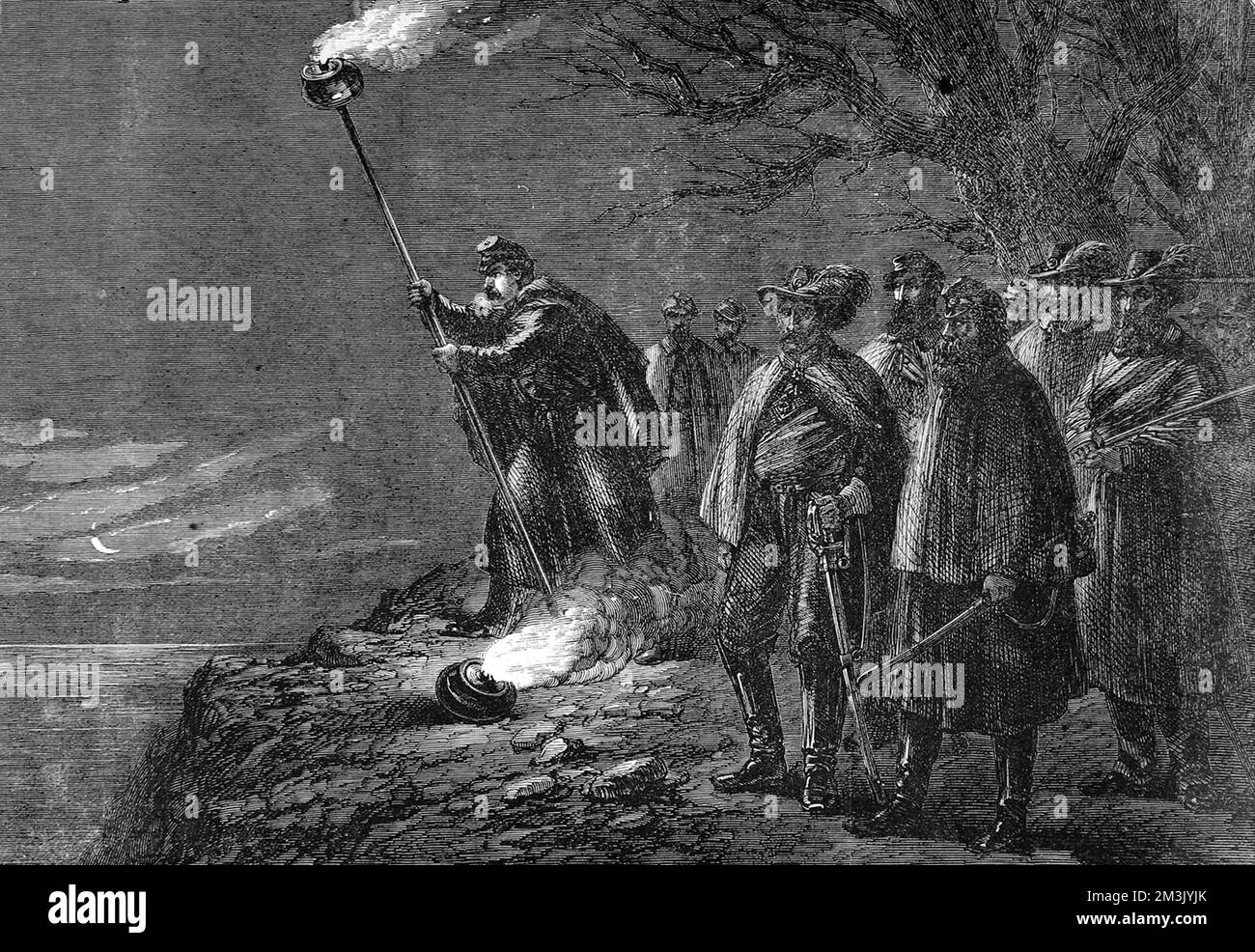 Scena notturna con soldati federali che segnalano con una torcia fiammante sulle rive del fiume Potomac alla sede centrale a Washington. Data: 1862 Foto Stock