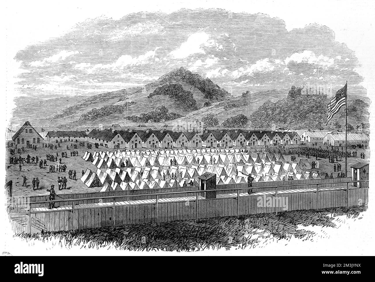 Vista del campo di prigionia di guerra a Elmira, New York, nel 1865. In questo periodo la guerra civile americana era quasi finita e il campo di Elmira era pieno di soldati confederati catturati. Foto Stock