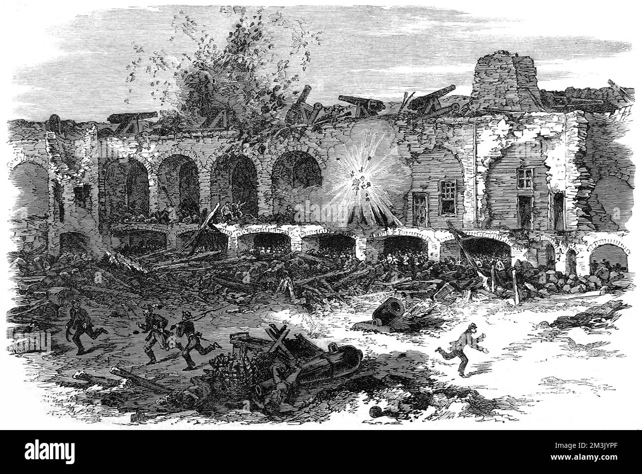 L'interno di Fort Sumter, porto di Charleston, dopo un bombardamento continuo da parte delle batterie federali sull'isola di Morr. Fort Sumter ha fornito il primo impegno della guerra civile e la sua proprietà è stata contesa caldo dai federali e dai confederati dappertutto. Data: 1863 Foto Stock