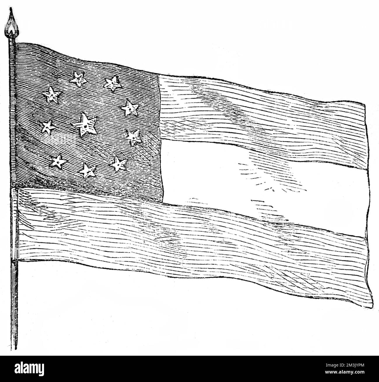Incisione di una bandiera fatta e sventolata da una signora confederata, la signorina Laura Lee, di Winchester, che in seguito diede la bandiera all'artista speciale dell'ILN, Frank Vizetelly. Data: 1863 Foto Stock