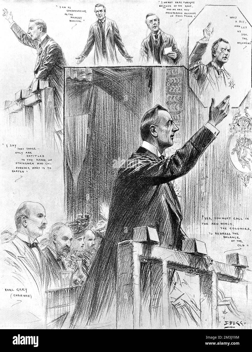 Joseph Chamberlain (1836 - 1914), deputato politico inglese radicale, che ha parlato del protezionismo all'Olympia Hall, Newcastle. Foto Stock