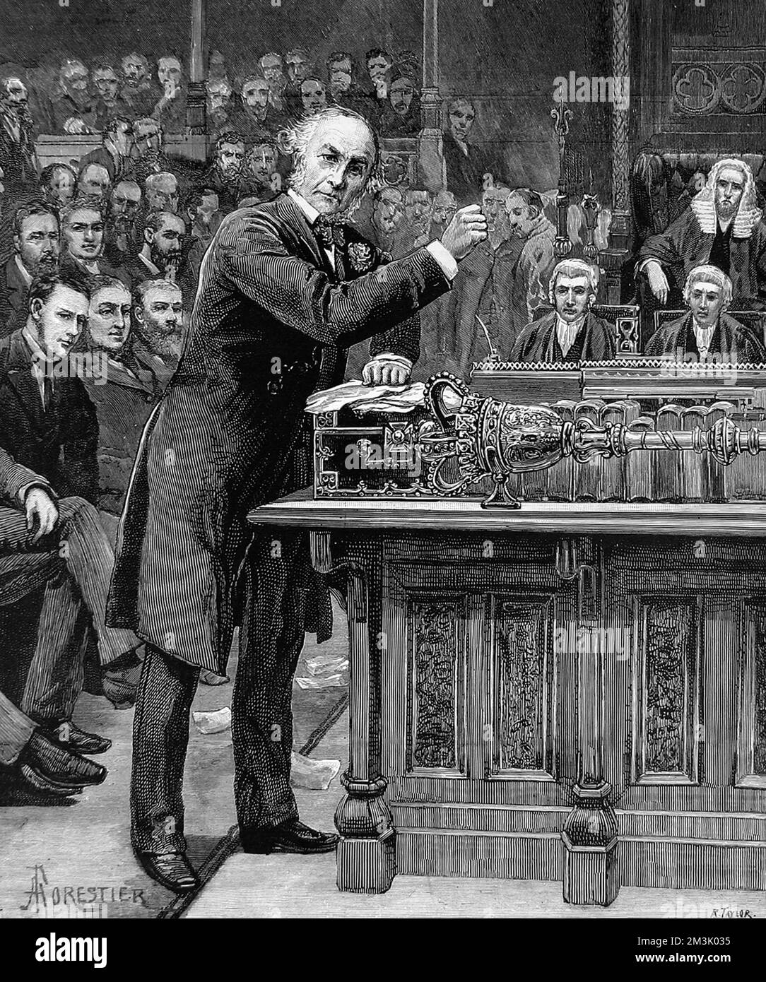 William Ewart Gladstone (1809 - 1898), statista liberale inglese, che spiega alla Camera dei Comuni il suo schema per il governo d'Irlanda. Gladstone, ha tentato di introdurre due volte un disegno di legge sull'interno per l'Irlanda, ma in entrambe le occasioni è stato sconfitto. Foto Stock