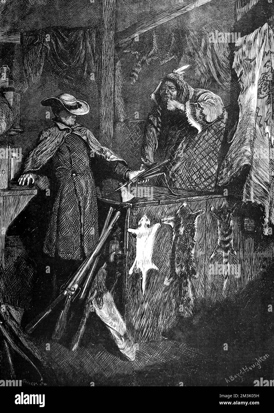 Scena interna di un negozio appeso con pelli di animali, un indiano dietro il bancone e un europeo con tre fucili di fronte. Data: 1873 Foto Stock
