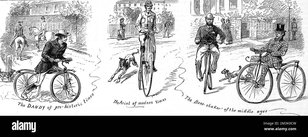 Tre tipi di biciclette 1880 Foto Stock