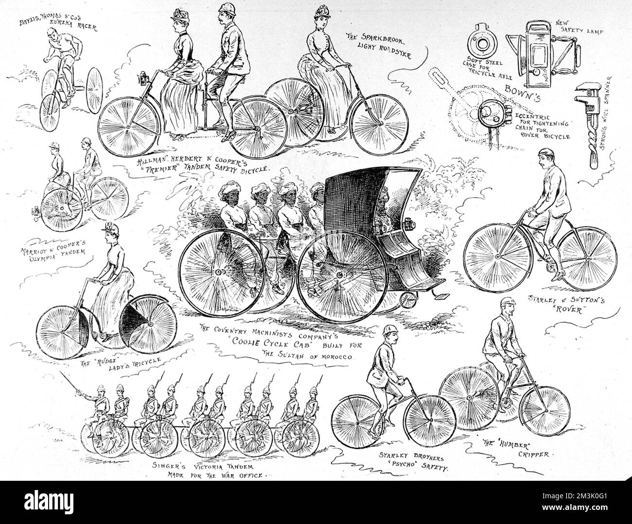 Selezione di biciclette in esposizione allo Stanley Show del 1888. Nel centro si trova il 'Coolie Cycle Cab' della Coventry Machinists Company costruito per il Sultano del Marocco' e in basso a sinistra, il 'Singer's Victoria Tandem Made for the War Office'. 1888 Foto Stock