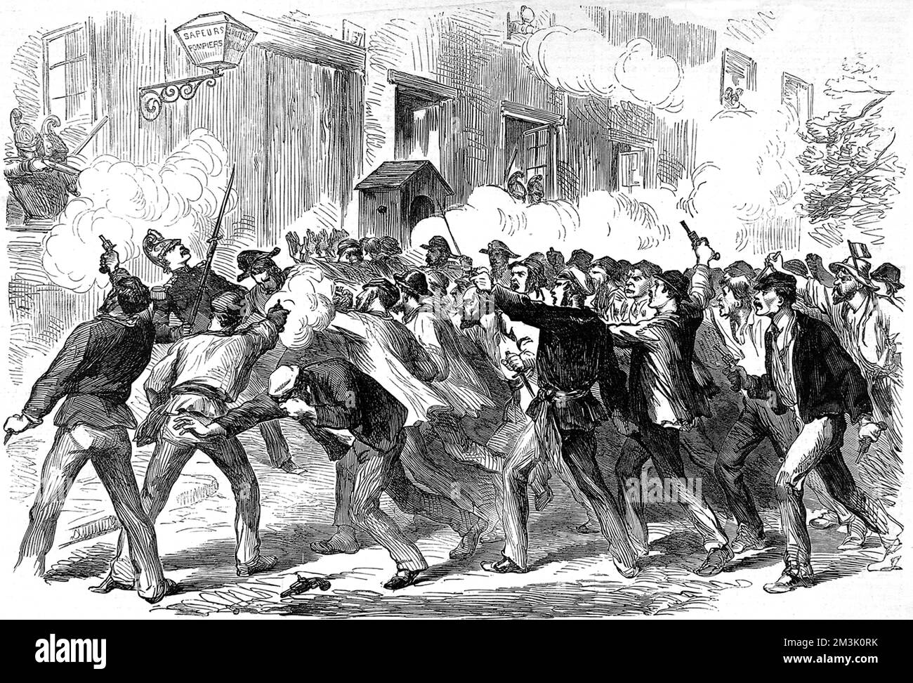 Socialisti che attaccano la stazione dei vigili del fuoco, Belleville 1870 Foto Stock