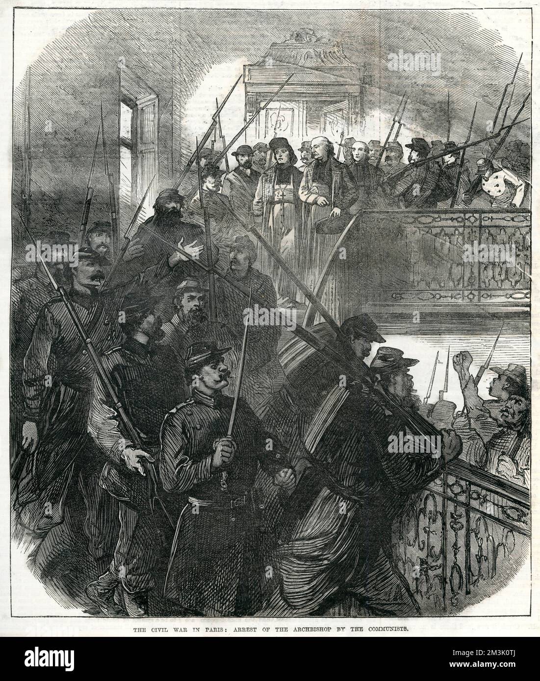 L'arresto di Georges Darboy, l'arcivescovo di Parigi, da parte dei comunati durante il comune del 1871. Alla fine della guerra franco-prussiana, i socialisti parigini istituiscono il comune e si rifiutano di consegnare Parigi al governo francese di destra. Ciò ha portato ad aspri combattimenti per le strade della città e ad esecuzioni su larga scala dei comunati. Data: 1871 Foto Stock