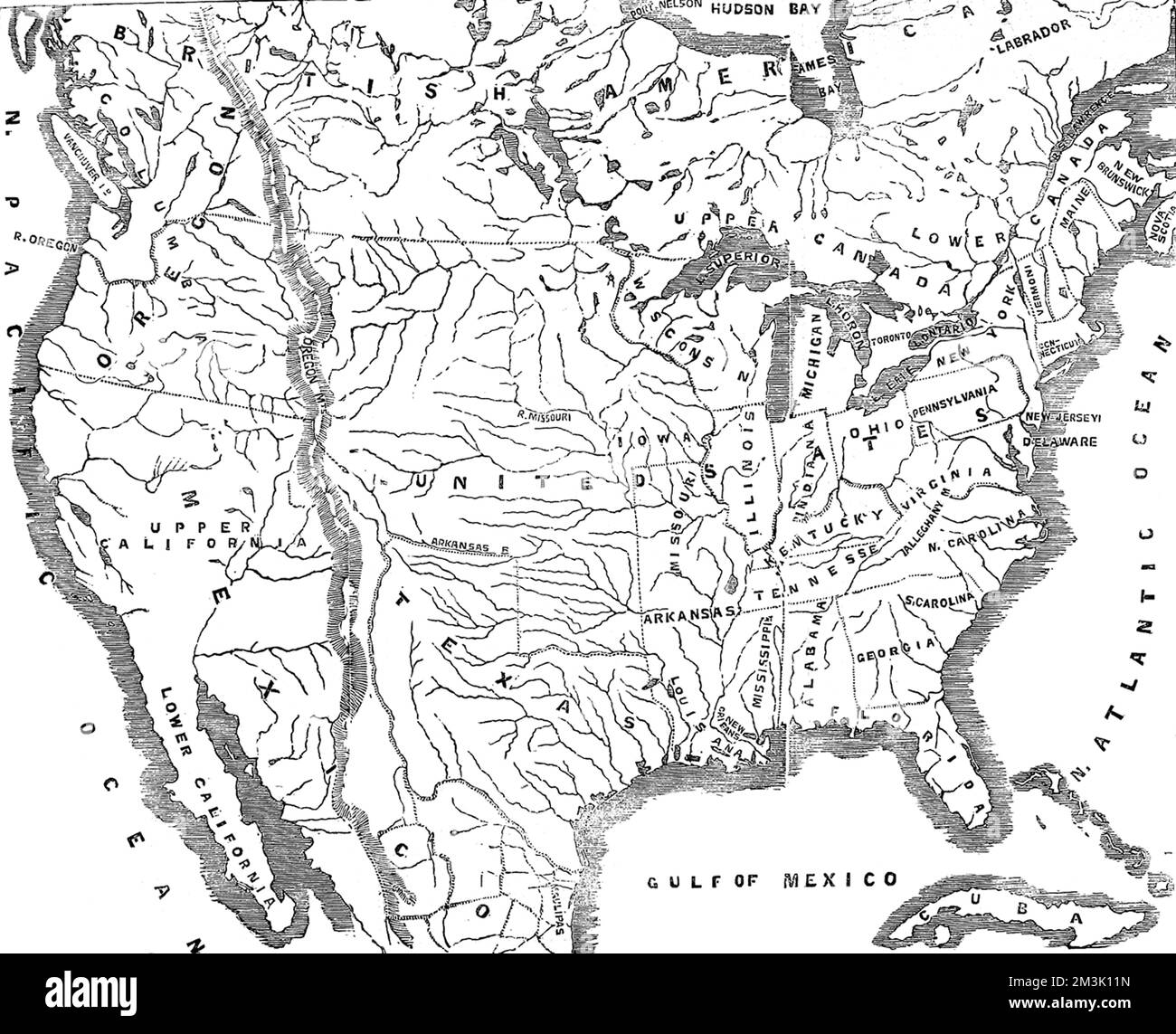 Mappa del Nord America, che mostra gli Stati Uniti come erano prima della guerra civile. Foto Stock