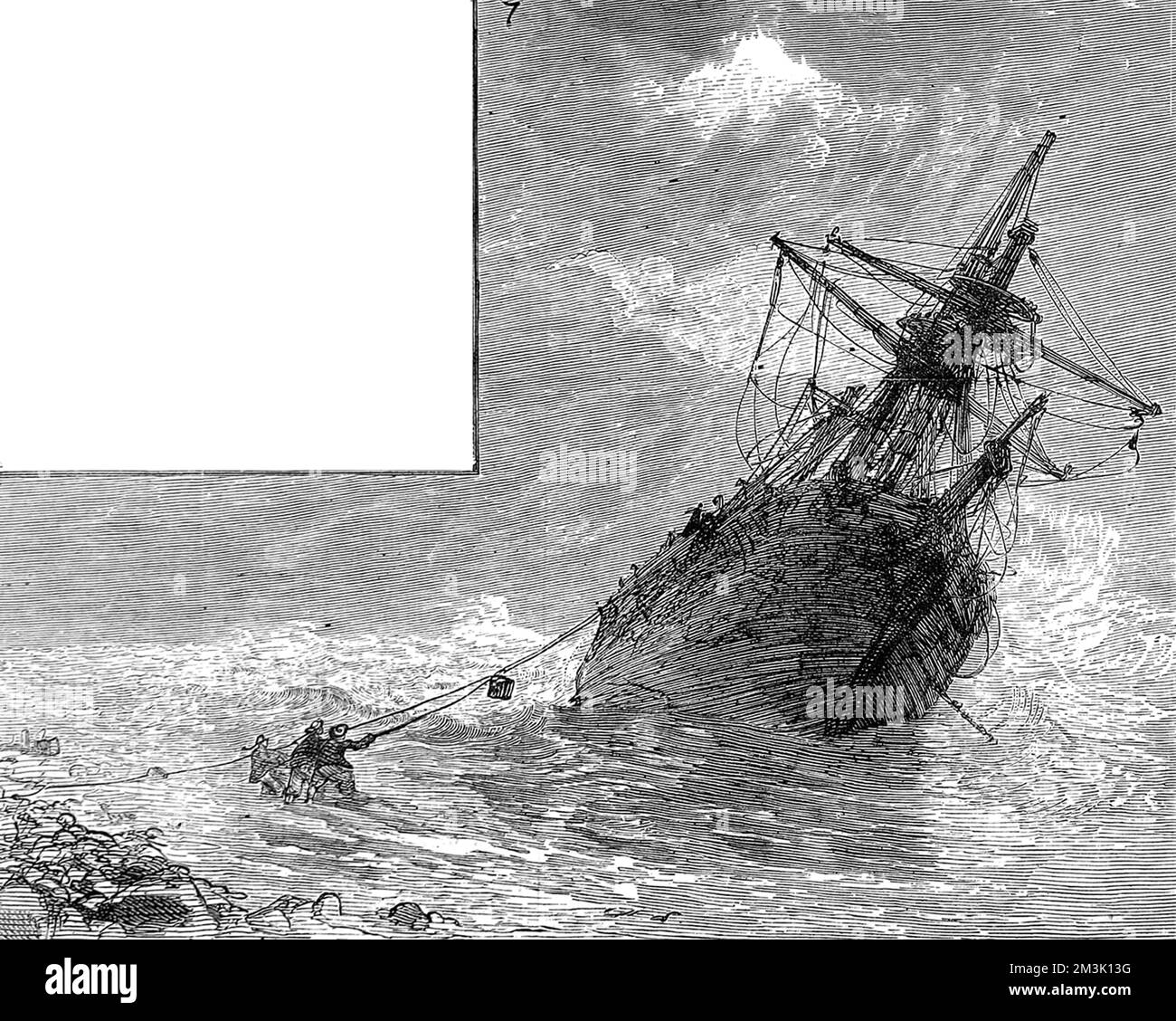 Un gruppo di uomini cinesi cerca di stabilizzare una nave distrutta con delle corde. 1880 Foto Stock