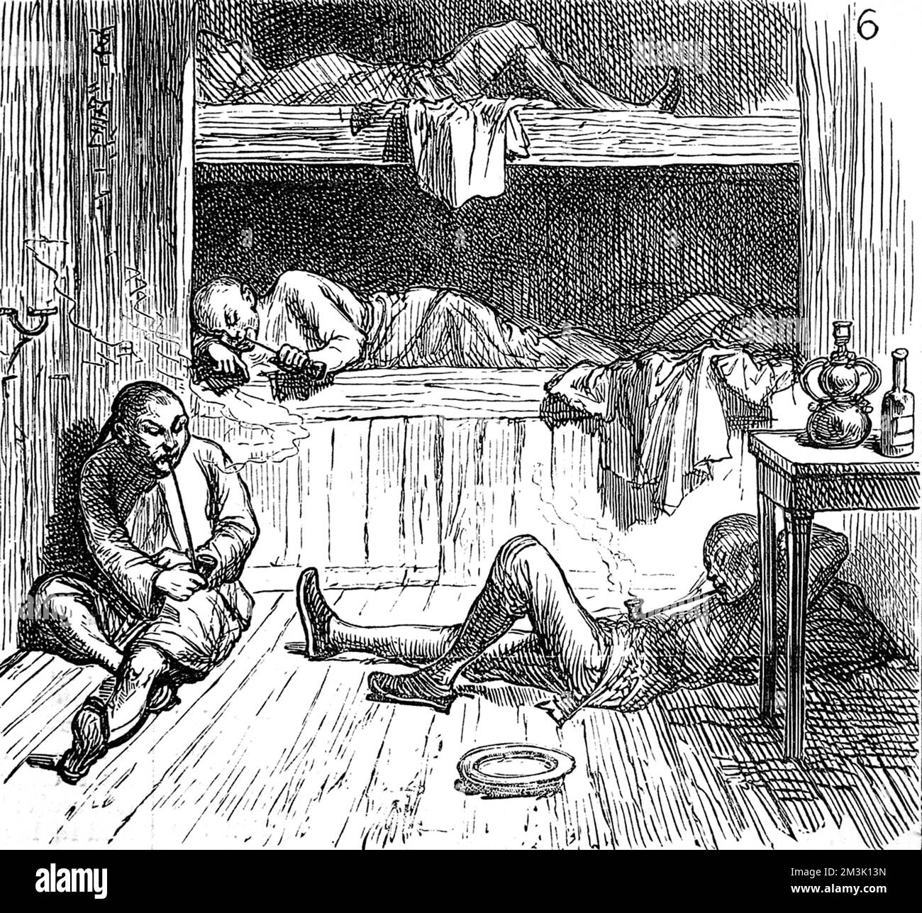 Una tana di oppio, che mostra la gente cinese sotto l'influenza della droga, sdraiata in cuccette o sul pavimento, fumando lunghe pipe. Data: 1880 Foto Stock