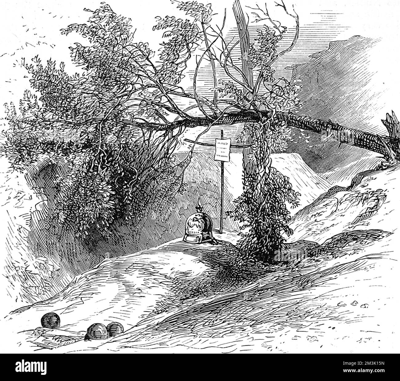 Tomba scavata di recente con make Shift croce boscosa. In cima alla tomba si trova il casco prussiano del soldato e 3 palle di cannone Data: 1870 Foto Stock