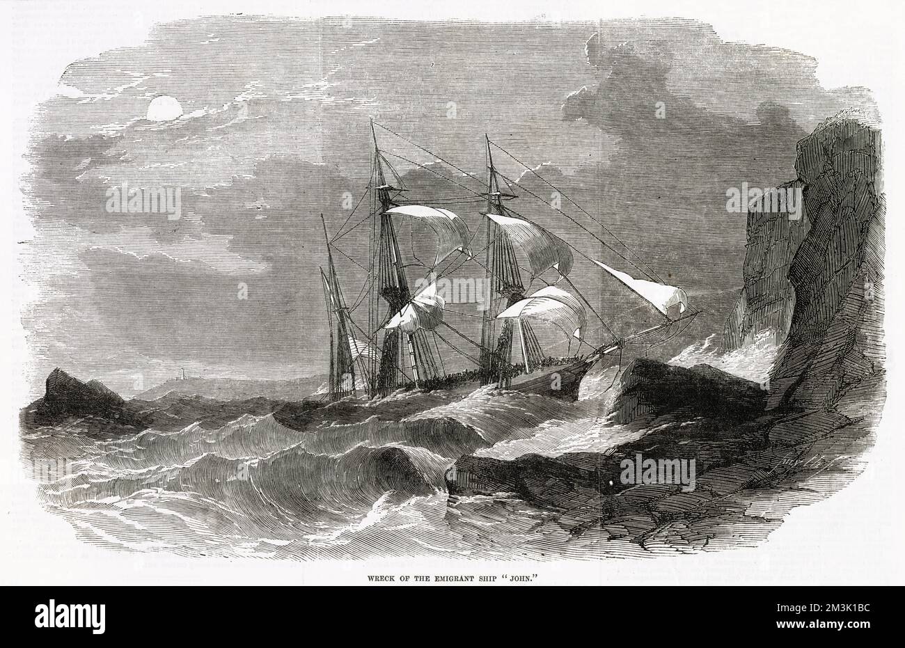 Il barque di vela 'John', che è stato distrutto sui Manacles, Cornovaglia, 3rd maggio 1855. Il capitano della nave, Rawle, è stato accusato di massacro, poiché le navi emigranti passeggeri sono morti, ma nessun marinaio è stato ferito. Foto Stock