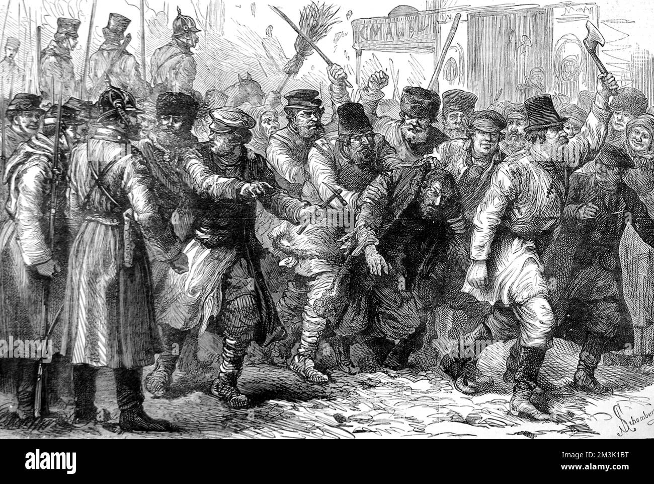 Nell'estate del 1881 si sono svolte rivolte razziali contro gli ebrei nella Russia meridionale. Gli authorithisti fecero poco per prevenire le uccisioni e la distruzione delle imprese ebraiche. Molti ebrei emigrarono in America via Liverpool come risultato. Questa incisione mostra che un uomo ebreo viene picchiato da una folla e i soldati russi (a sinistra) non intervengono. Data: 1881 Foto Stock