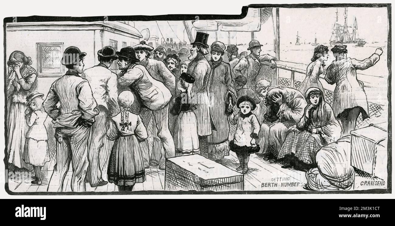 Ai passeggeri emigranti viene assegnato un numero di ormeggio all'inizio di un viaggio in Australia, 1887. Sullo sfondo dell'immagine, ci sono ancora donne che piangono per la loro separazione da persone care. 1887 Foto Stock